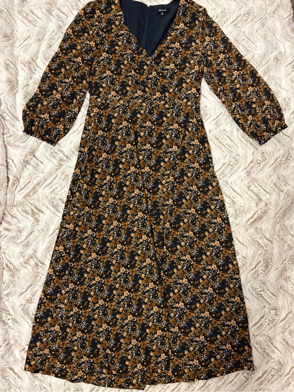 Madewell Navy and Mustard Floral V-Neck Dress